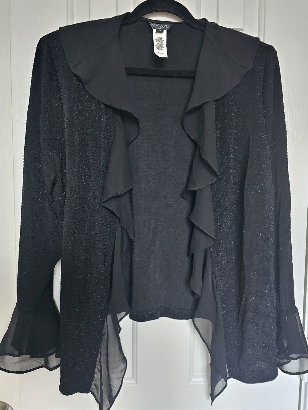 Xscape Black Ruffled Open-Front Cardigan with Sheer Ruffle Trim - Picture 3 of 8
